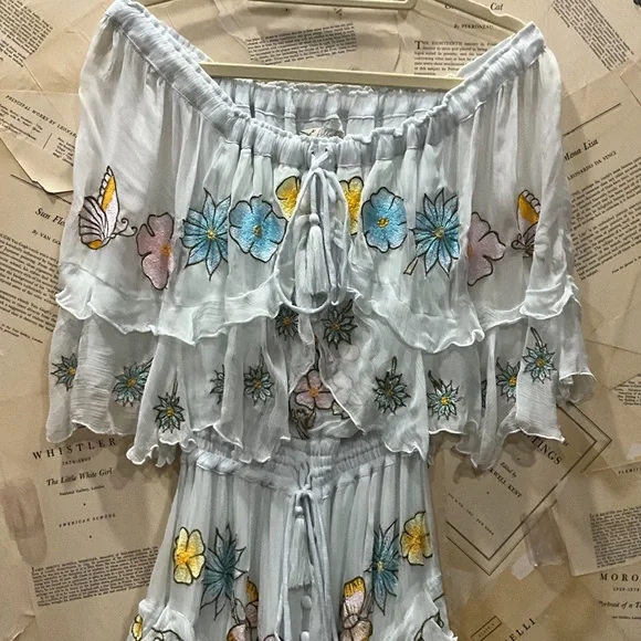 Free People Fillyboo Sweet Pea Tambourine Maxi Dress Off The Shoulder Gray Blue - Picture 6 of 6